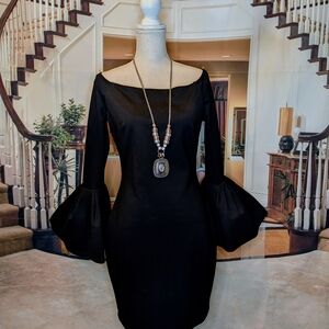 Gianni Bini Black Puff-Sleeve Boatneck Off the Shoulders Sheath Cocktail Dress